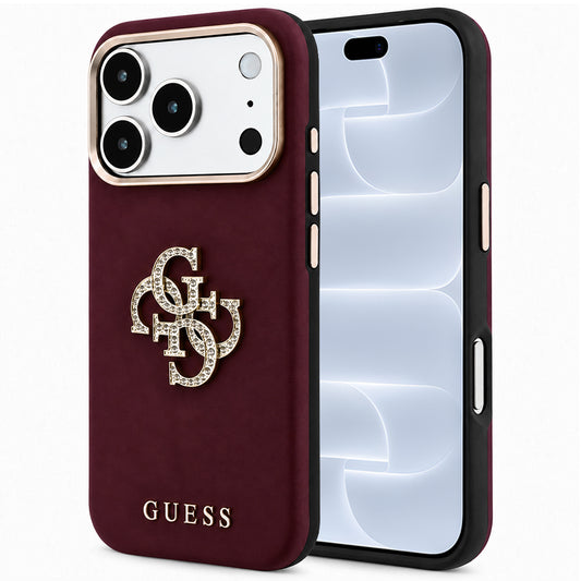 Coque pour Apple iPhone 18 Pro / 17 Pro, Guess, Logo Strass Lisse Grand, Bordeaux