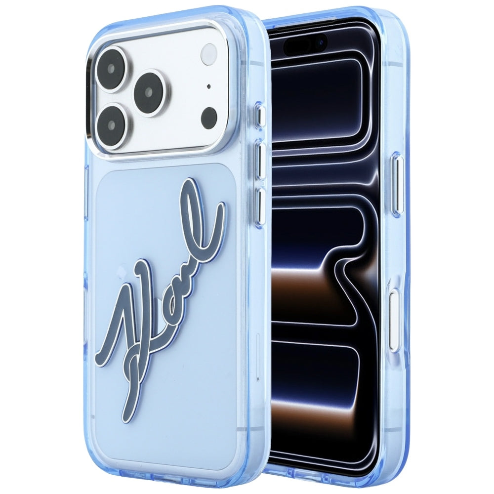 Hülle für Apple iPhone 18 Pro / 17 Pro, Karl Lagerfeld, IML Big Signature Resin Logo und Metallrahmen, Blau