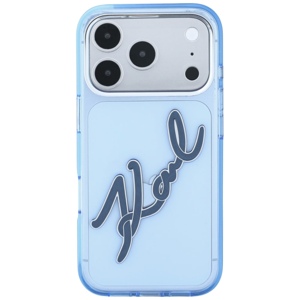 Hülle für Apple iPhone 18 Pro / 17 Pro, Karl Lagerfeld, IML Big Signature Resin Logo und Metallrahmen, Blau