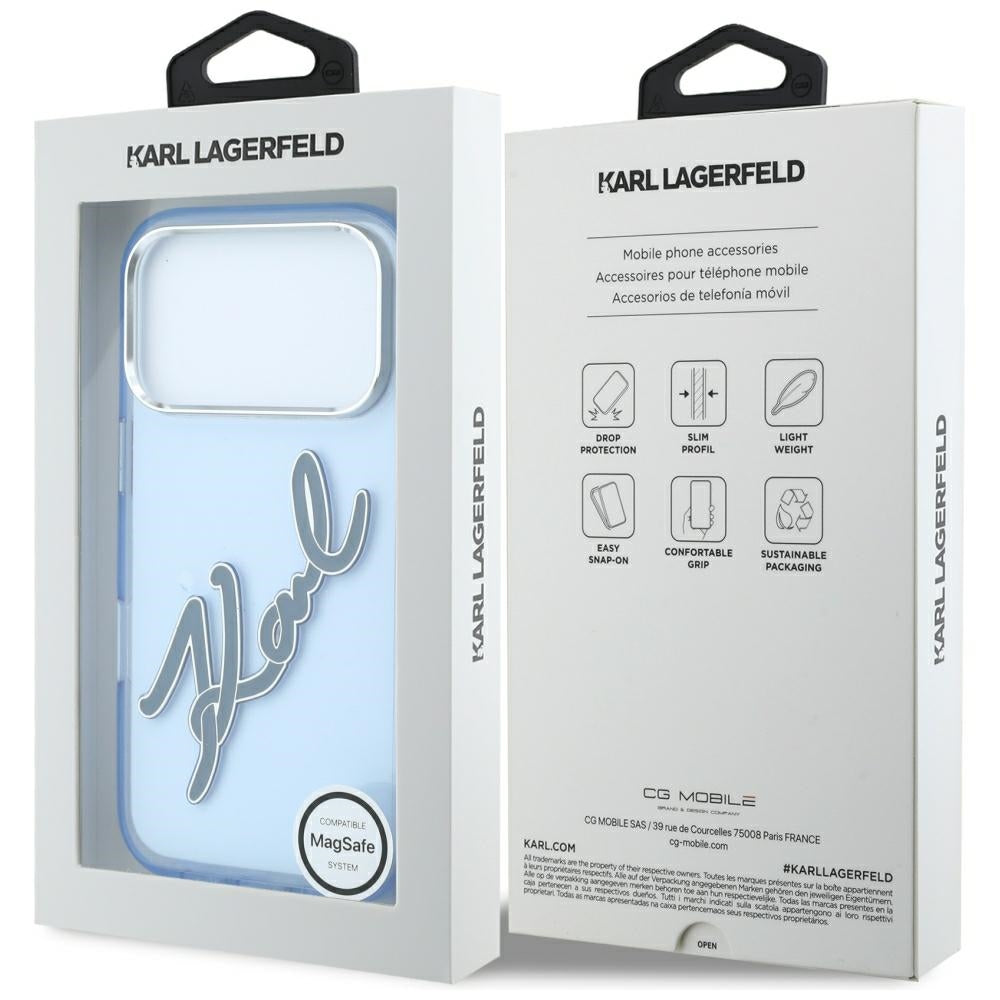 Hülle für Apple iPhone 18 Pro / 17 Pro, Karl Lagerfeld, IML Big Signature Resin Logo und Metallrahmen, Blau