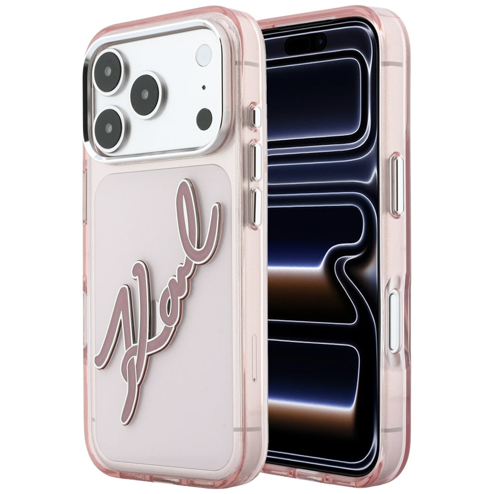 Coque pour Apple iPhone 18 Pro / 17 Pro, Karl Lagerfeld, logo en résine IML Big Signature et cadre métallique, rose