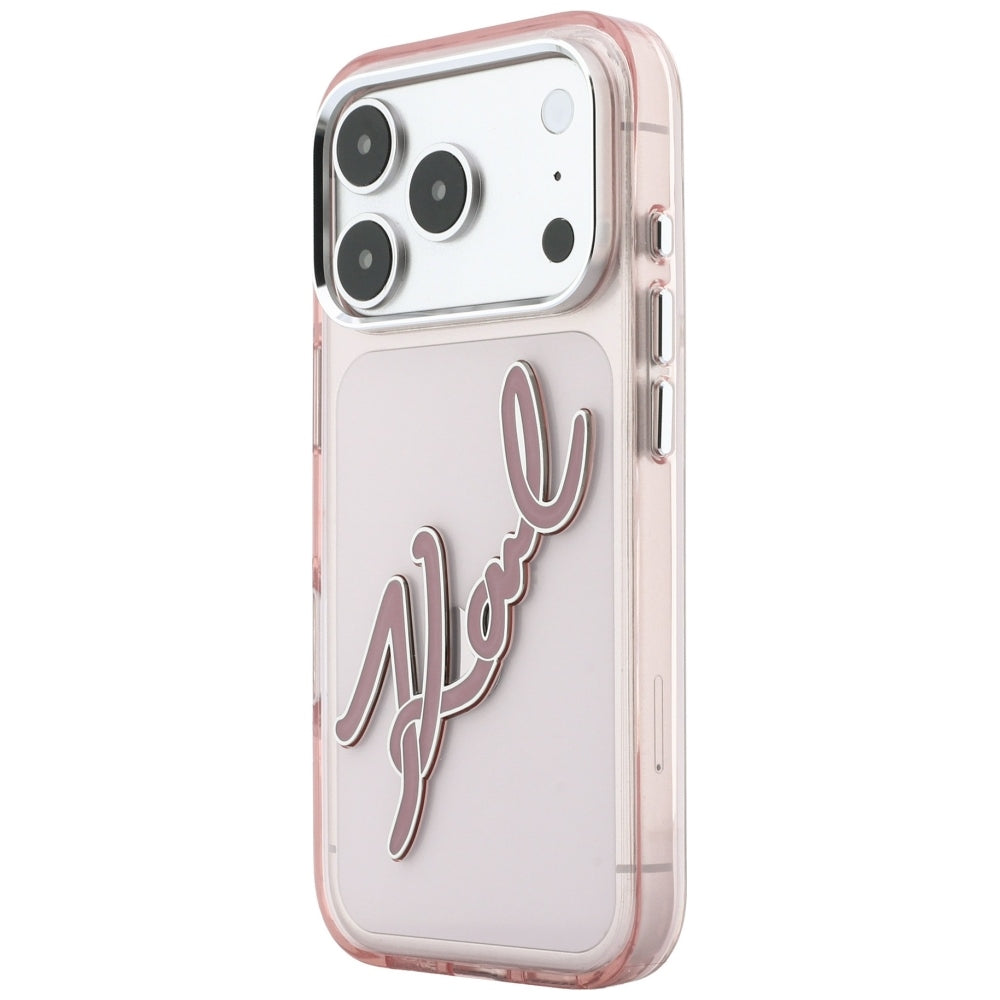 Coque pour Apple iPhone 18 Pro / 17 Pro, Karl Lagerfeld, logo en résine IML Big Signature et cadre métallique, rose