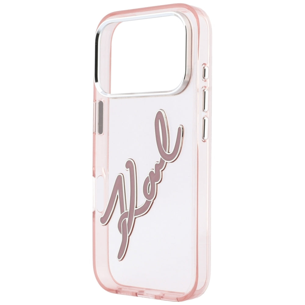 Coque pour Apple iPhone 18 Pro / 17 Pro, Karl Lagerfeld, logo en résine IML Big Signature et cadre métallique, rose
