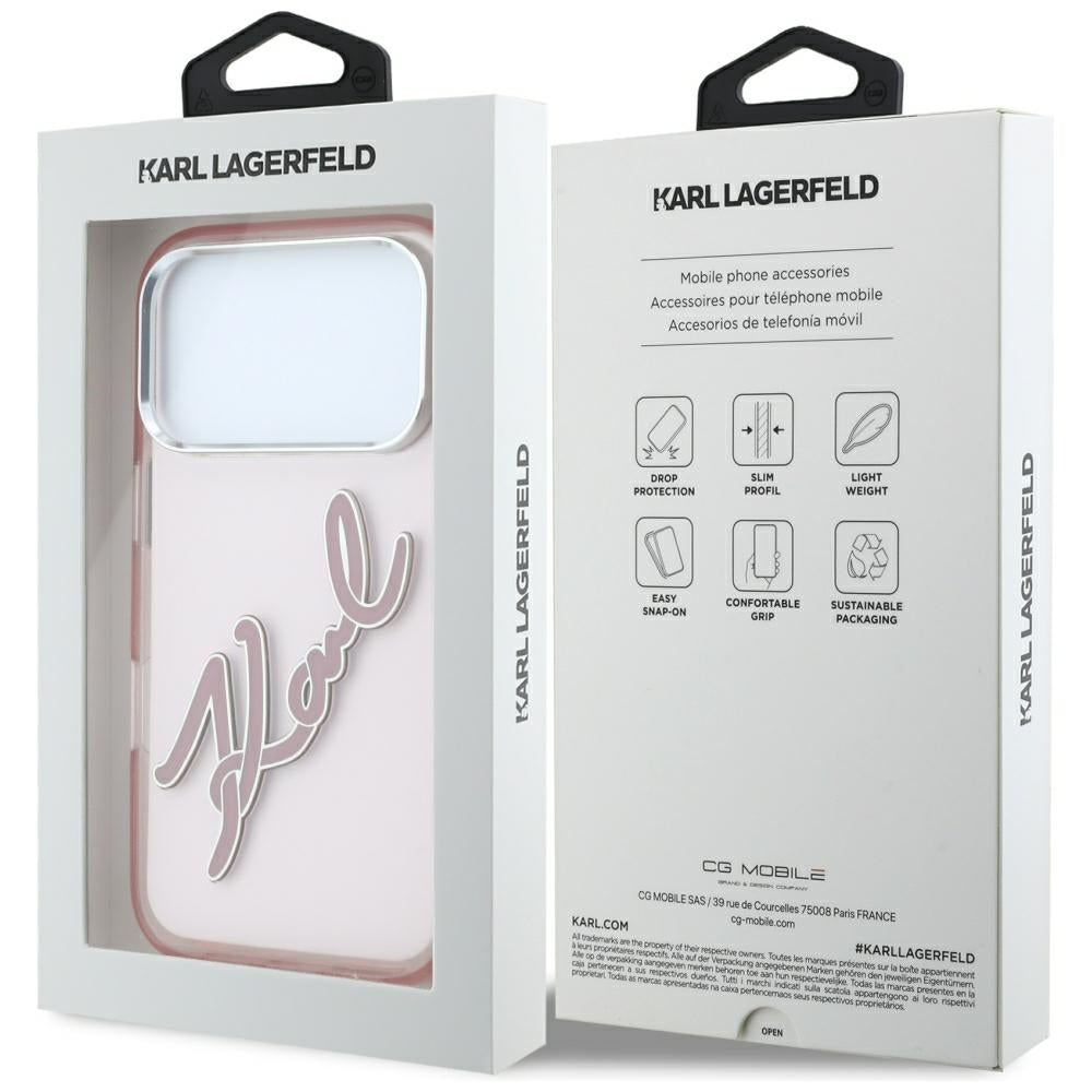 Coque pour Apple iPhone 18 Pro / 17 Pro, Karl Lagerfeld, logo en résine IML Big Signature et cadre métallique, rose