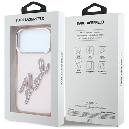 Coque pour Apple iPhone 18 Pro / 17 Pro, Karl Lagerfeld, logo en résine IML Big Signature et cadre métallique, rose