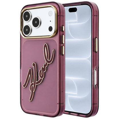 Hülle für Apple iPhone 18 Pro / 17 Pro, Karl Lagerfeld, IML Big Signature Resin Logo und Metallrahmen, Weinrot