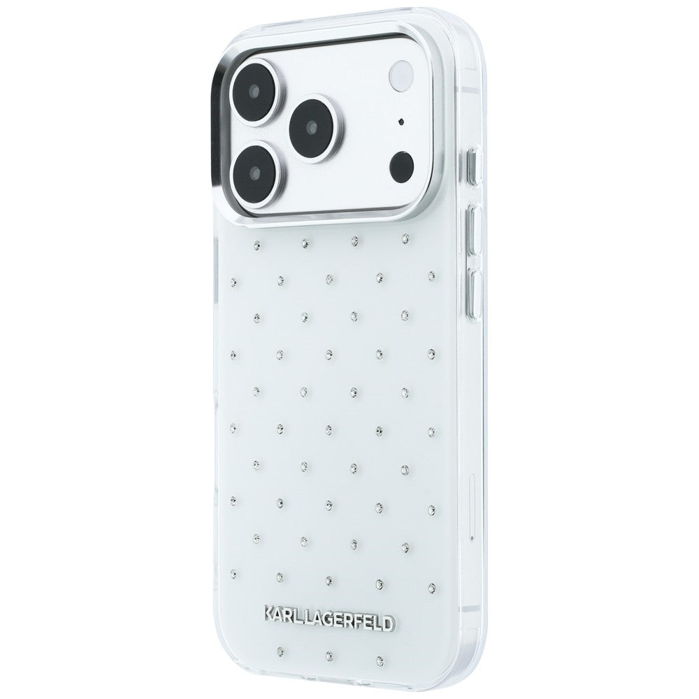 Coque pour Apple iPhone 18 Pro / 17 Pro, Karl Lagerfeld, IML Strass et Logo Électroplaqué, Blanc