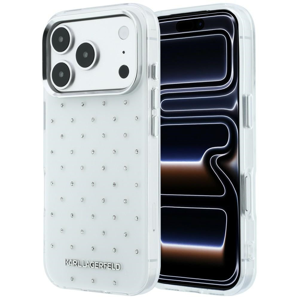 Coque pour Apple iPhone 18 Pro / 17 Pro, Karl Lagerfeld, IML Strass et Logo Électroplaqué, Blanc