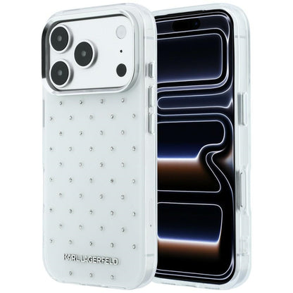 Coque pour Apple iPhone 18 Pro / 17 Pro, Karl Lagerfeld, IML Strass et Logo Électroplaqué, Blanc