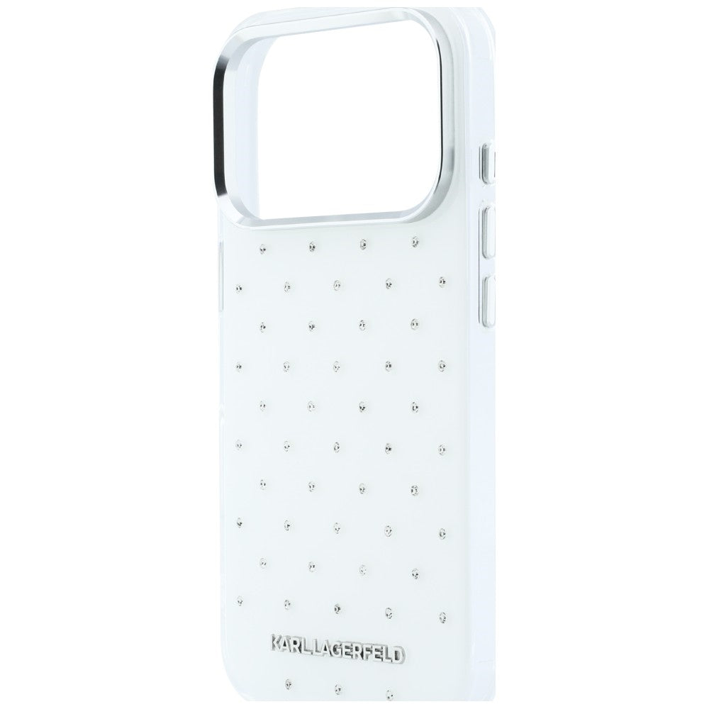 Coque pour Apple iPhone 18 Pro / 17 Pro, Karl Lagerfeld, IML Strass et Logo Électroplaqué, Blanc
