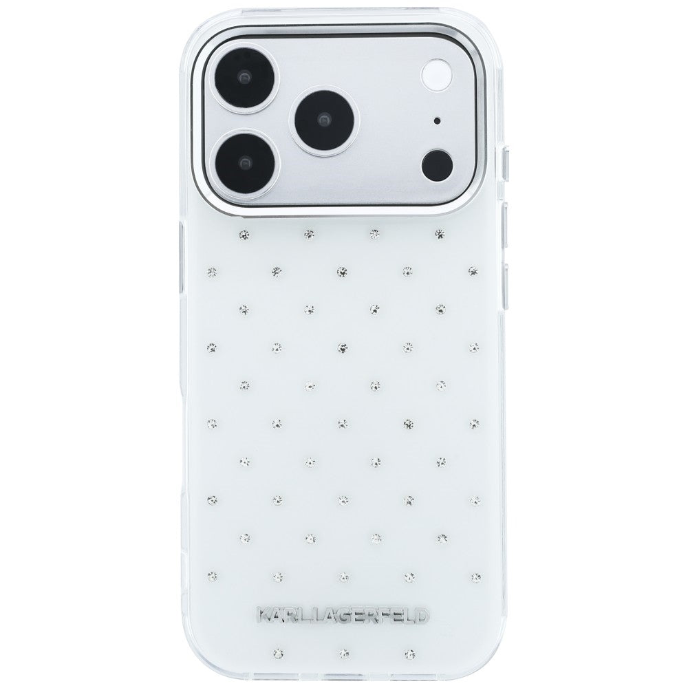 Coque pour Apple iPhone 18 Pro / 17 Pro, Karl Lagerfeld, IML Strass et Logo Électroplaqué, Blanc