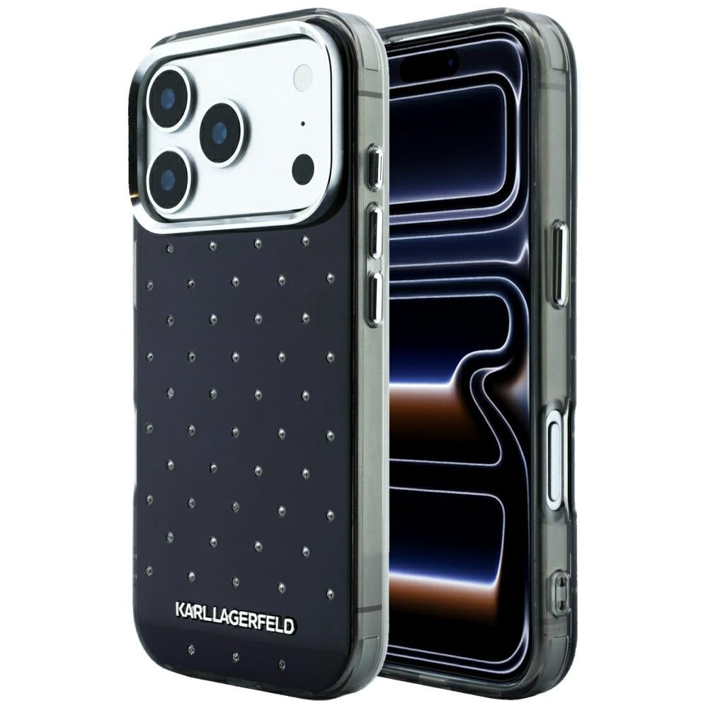 Coque pour Apple iPhone 18 Pro / 17 Pro, Karl Lagerfeld, IML Strass et Logo Électroplaqué, Noire