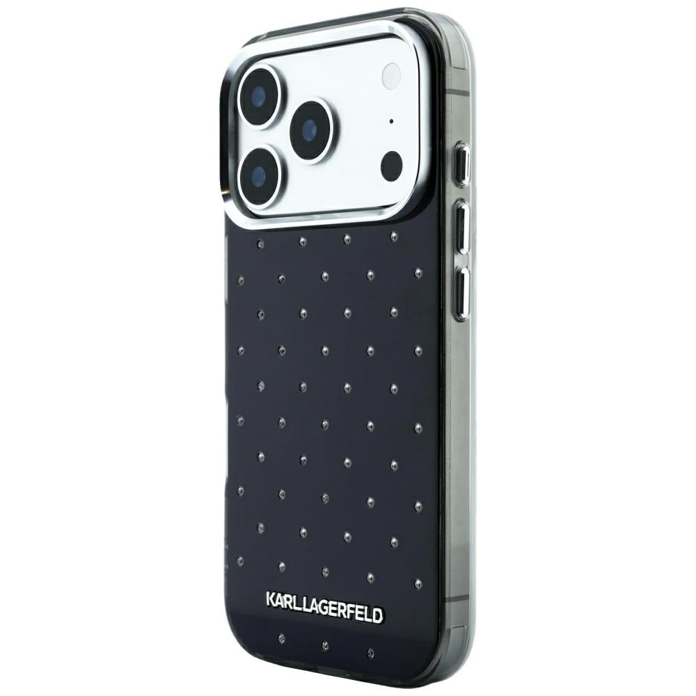 Coque pour Apple iPhone 18 Pro / 17 Pro, Karl Lagerfeld, IML Strass et Logo Électroplaqué, Noire