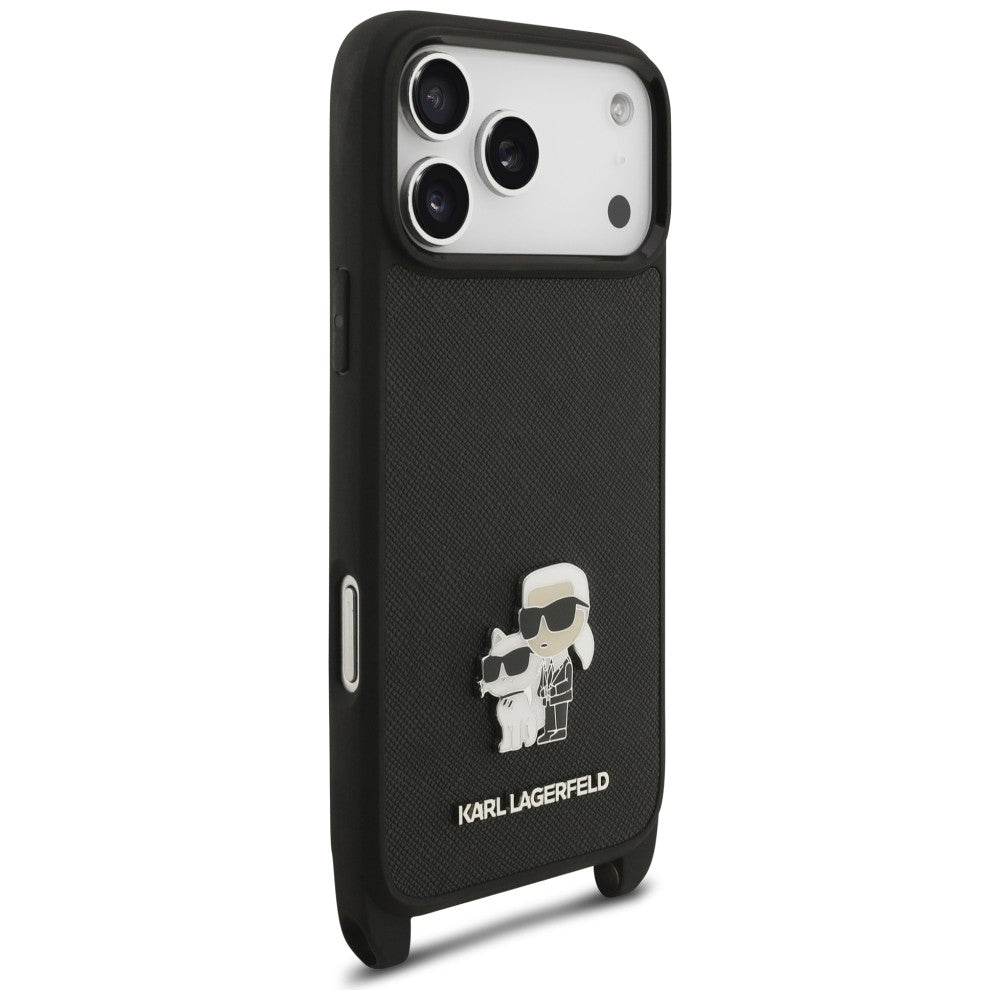 Coque pour Apple iPhone 18 Pro / 17 Pro, Karl Lagerfeld, Saffiano Crossbody Metal Pin Karl & Choupette, noire