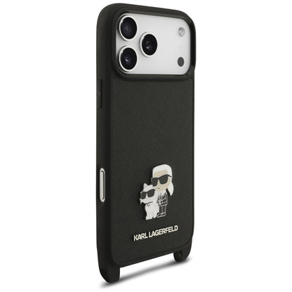 Coque pour Apple iPhone 18 Pro / 17 Pro, Karl Lagerfeld, Saffiano Crossbody Metal Pin Karl & Choupette, noire