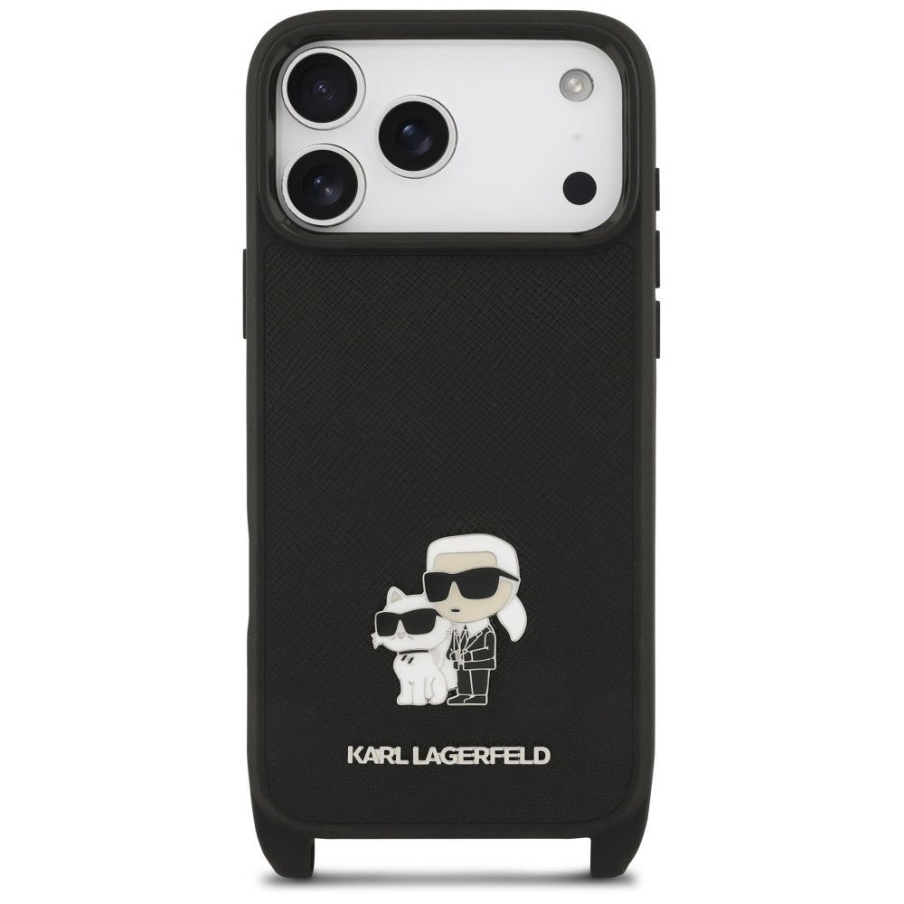 Coque pour Apple iPhone 18 Pro / 17 Pro, Karl Lagerfeld, Saffiano Crossbody Metal Pin Karl & Choupette, noire