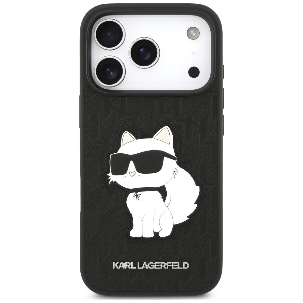 Coque pour Apple iPhone 18 Pro / 17 Pro, Karl Lagerfeld, Saffiano Mono Patch Choupette, noire