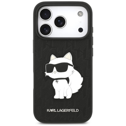 Coque pour Apple iPhone 18 Pro / 17 Pro, Karl Lagerfeld, Saffiano Mono Patch Choupette, noire