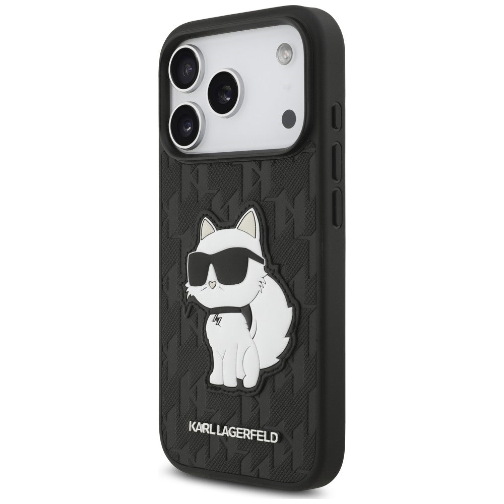 Coque pour Apple iPhone 18 Pro / 17 Pro, Karl Lagerfeld, Saffiano Mono Patch Choupette, noire