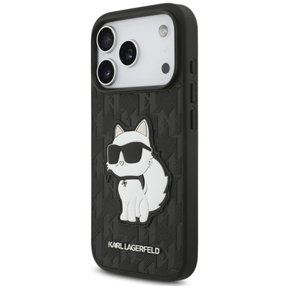 Coque pour Apple iPhone 18 Pro / 17 Pro, Karl Lagerfeld, Saffiano Mono Patch Choupette, noire