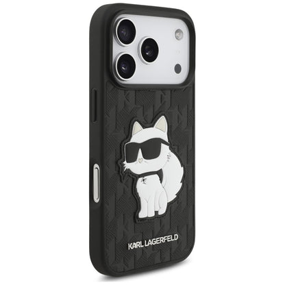 Coque pour Apple iPhone 18 Pro / 17 Pro, Karl Lagerfeld, Saffiano Mono Patch Choupette, noire