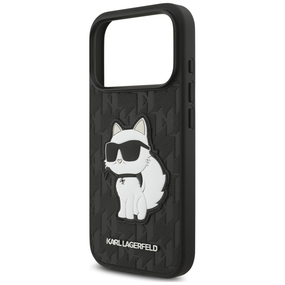 Coque pour Apple iPhone 18 Pro / 17 Pro, Karl Lagerfeld, Saffiano Mono Patch Choupette, noire
