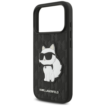 Coque pour Apple iPhone 18 Pro / 17 Pro, Karl Lagerfeld, Saffiano Mono Patch Choupette, noire
