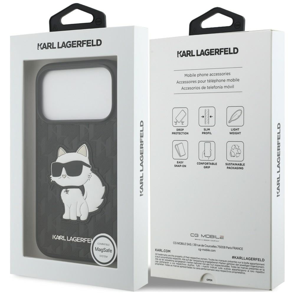 Coque pour Apple iPhone 18 Pro / 17 Pro, Karl Lagerfeld, Saffiano Mono Patch Choupette, noire
