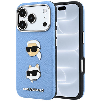 Coque pour Apple iPhone 18 Pro / 17 Pro, Karl Lagerfeld, Saffiano avec épingle représentant les têtes de Karl et Choupette et logo, bleu
