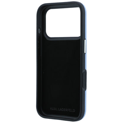Coque pour Apple iPhone 18 Pro / 17 Pro, Karl Lagerfeld, Saffiano avec épingle représentant les têtes de Karl et Choupette et logo, bleu