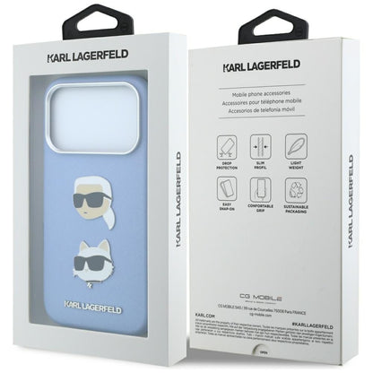 Coque pour Apple iPhone 18 Pro / 17 Pro, Karl Lagerfeld, Saffiano avec épingle représentant les têtes de Karl et Choupette et logo, bleu