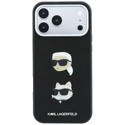 Coque pour Apple iPhone 18 Pro / 17 Pro, Karl Lagerfeld, Saffiano avec épingle représentant les têtes de Karl et Choupette et logo, noire