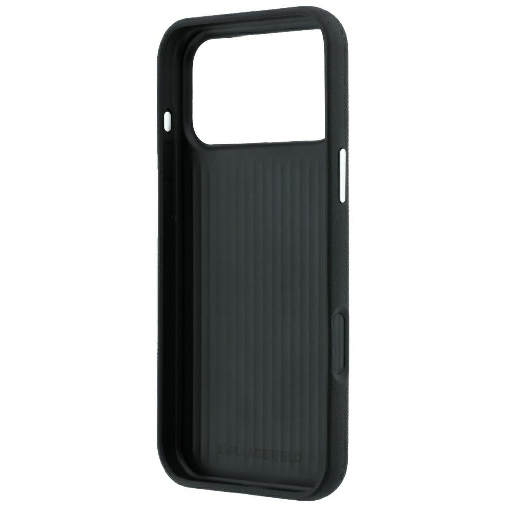 Coque pour Apple iPhone 18 Pro / 17 Pro, Karl Lagerfeld, Saffiano avec épingle représentant les têtes de Karl et Choupette et logo, noire