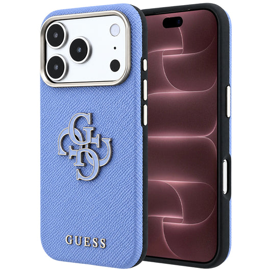 Hülle für Apple iPhone 18 Pro Max / 17 Pro Max, Guess, genarbtes großes Harzlogo, Blau