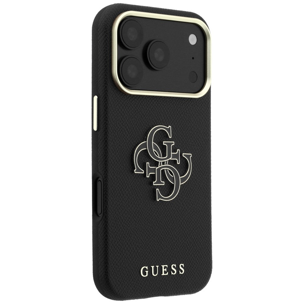 Coque pour Apple iPhone 18 Pro Max / 17 Pro Max, Guess, Grand Logo en Résine Grainée, Noire