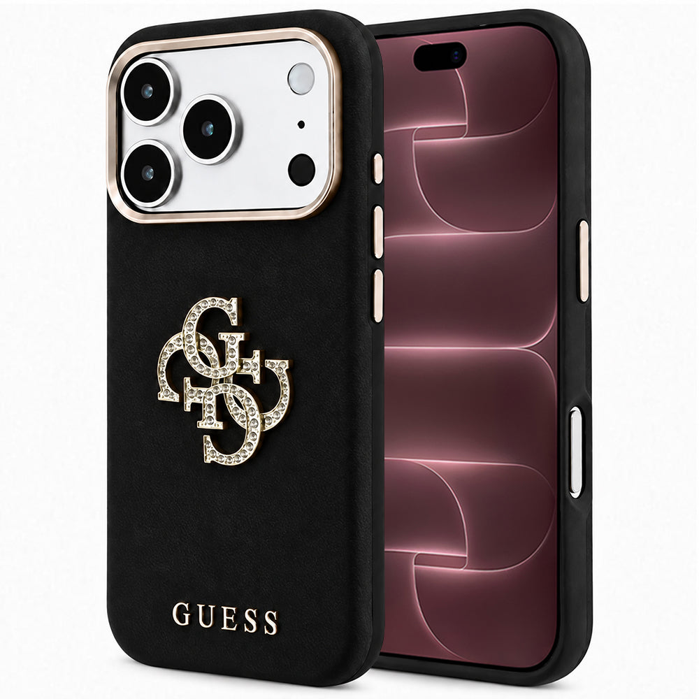 Coque pour Apple iPhone 18 Pro Max / 17 Pro Max, Guess, Logo Strass Lisse Grand, Noire