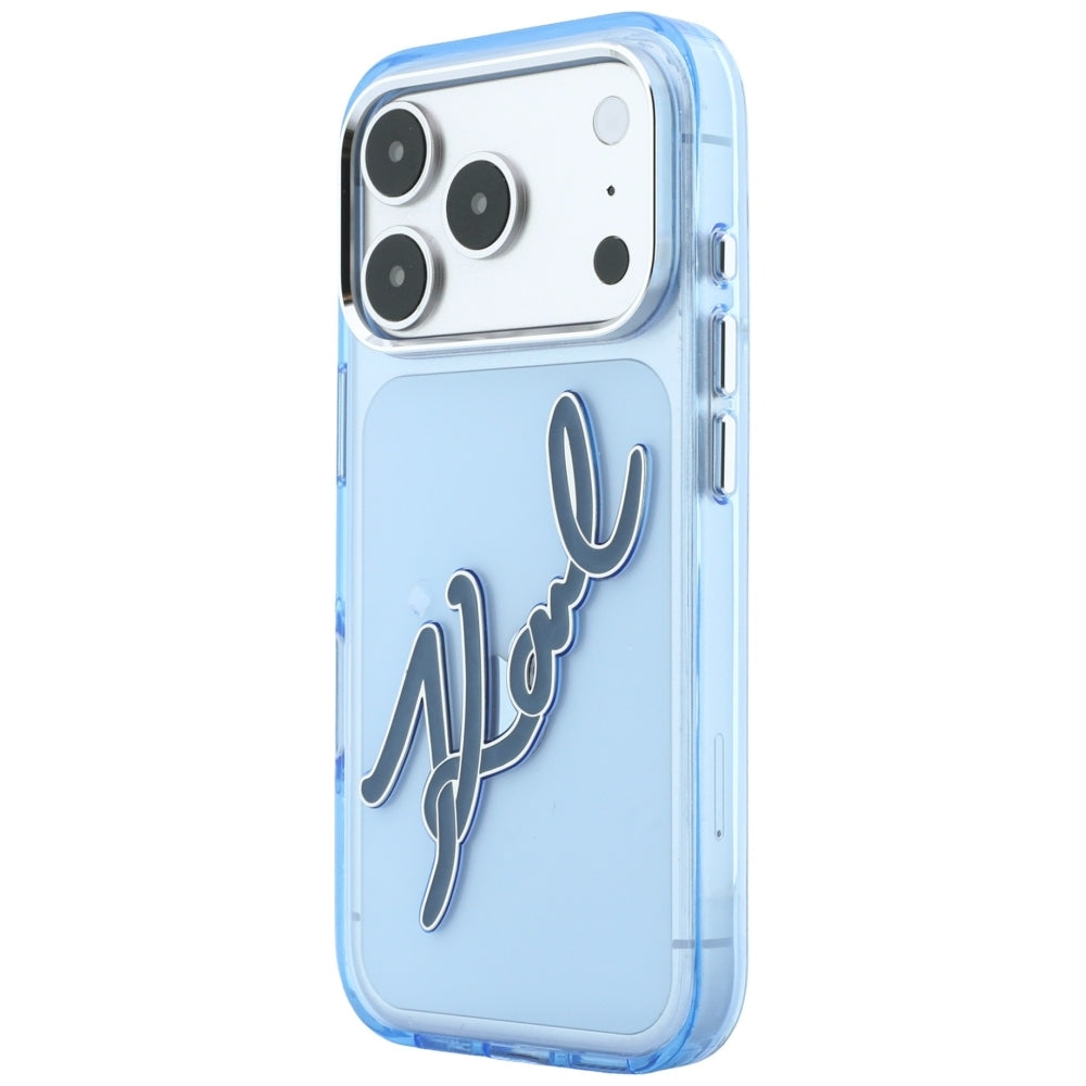 Hülle für Apple iPhone 18 Pro Max / 17 Pro Max, Karl Lagerfeld, IML Big Signature Resin Logo Metallrahmen, Blau