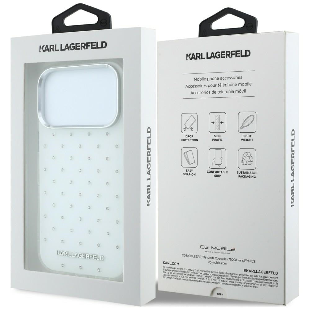 Coque pour Apple iPhone 18 Pro Max / 17 Pro Max, Karl Lagerfeld, Strass IML et Logo Électroplaqué, Blanc