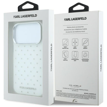 Coque pour Apple iPhone 18 Pro Max / 17 Pro Max, Karl Lagerfeld, Strass IML et Logo Électroplaqué, Blanc