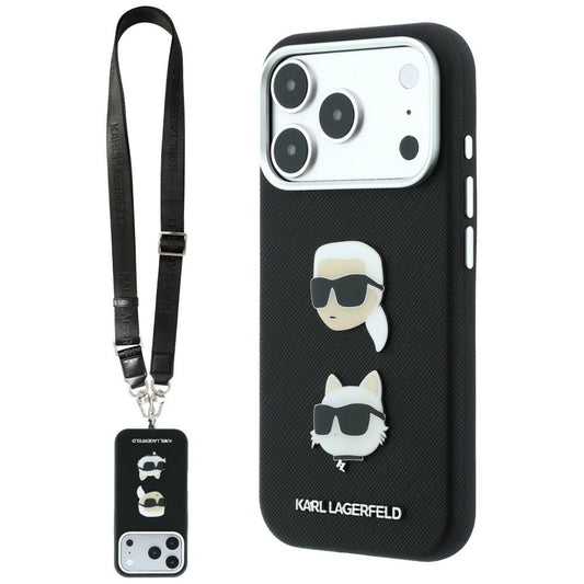 Hülle für Apple iPhone 18 Pro Max / 17 Pro Max, Karl Lagerfeld, Saffiano Crossbody Karl & Choupette Head's Pins Logo, Schwarz