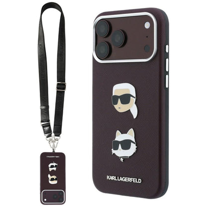 Case for Apple iPhone 18 Pro Max / 17 Pro Max, Karl Lagerfeld, Saffiano Crossbody Karl & Choupette Head's Pins Logo, Burgundy