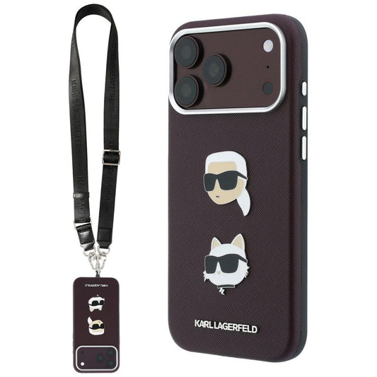 Hülle für Apple iPhone 18 Pro Max / 17 Pro Max, Karl Lagerfeld, Saffiano Crossbody Karl & Choupette Head's Pins Logo, Bordeauxrot