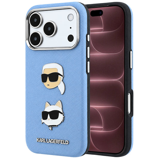 Hülle für Apple iPhone 18 Pro Max / 17 Pro Max, Karl Lagerfeld, Saffiano mit Karl & Choupette Kopf-Pin und Logo, Blau