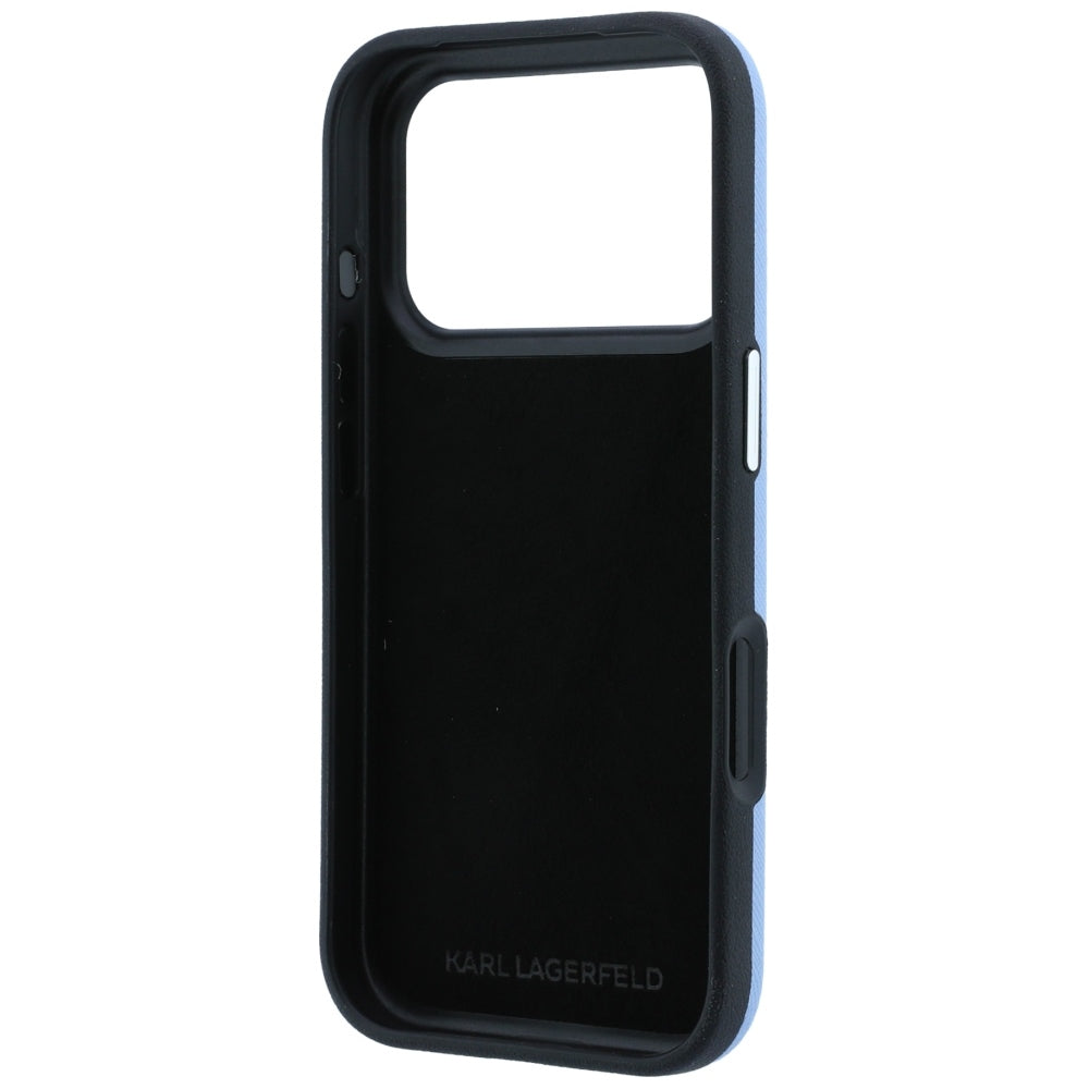 Coque pour Apple iPhone 18 Pro Max / 17 Pro Max, Karl Lagerfeld, Saffiano avec épingle tête Karl & Choupette et logo, Bleu