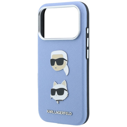 Coque pour Apple iPhone 18 Pro Max / 17 Pro Max, Karl Lagerfeld, Saffiano avec épingle tête Karl & Choupette et logo, Bleu