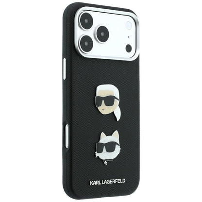 Coque pour Apple iPhone 18 Pro Max / 17 Pro Max, Karl Lagerfeld, Saffiano avec épingle tête Karl & Choupette et logo, noire