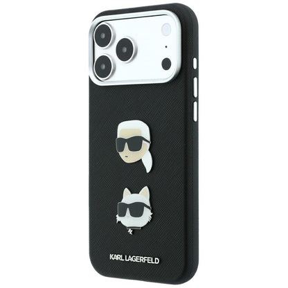 Coque pour Apple iPhone 18 Pro Max / 17 Pro Max, Karl Lagerfeld, Saffiano avec épingle tête Karl & Choupette et logo, noire