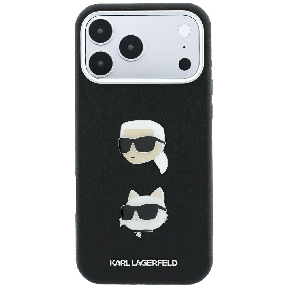 Coque pour Apple iPhone 18 Pro Max / 17 Pro Max, Karl Lagerfeld, Saffiano avec épingle tête Karl & Choupette et logo, noire