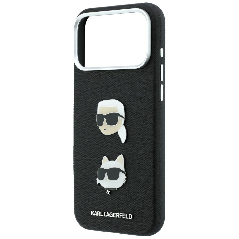 Coque pour Apple iPhone 18 Pro Max / 17 Pro Max, Karl Lagerfeld, Saffiano avec épingle tête Karl & Choupette et logo, noire