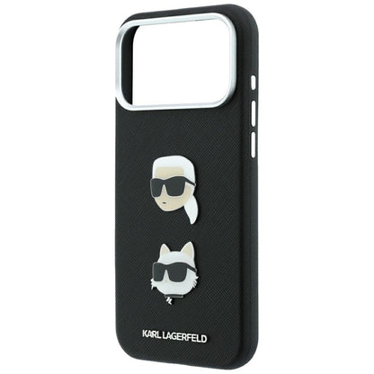 Coque pour Apple iPhone 18 Pro Max / 17 Pro Max, Karl Lagerfeld, Saffiano avec épingle tête Karl & Choupette et logo, noire